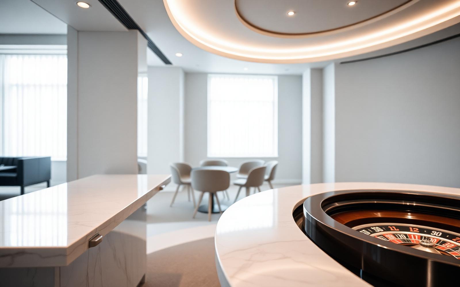 Sala editorial de casino europeo con ruleta y superficies de mármol en tonos grises